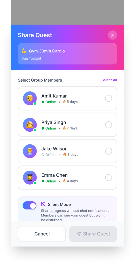 High fidelity mobile app UI showing dark mode group sharing or study room feature with user avatars